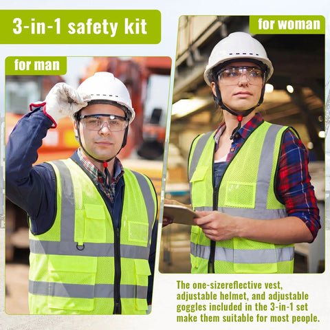 Eighteen Piece Squad Ready Construction Safety Bundle With White Cap Style Hard Hats Neon Hi Viz Vests Adjustable Clear Safety Glasses No Fuss Ppe Bulk Pack For Serious Job Site Hustle featuring male and female workers in reflective vests and safety helmets.