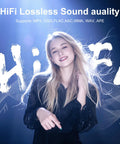 Smiling woman with text 'HiFi Lossless Sound Quality' indicating features of 128GB Bluetooth 5.4 MP3 Player With 2.4 Inch Touch Screen