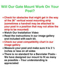 Text about No Hole Stairway Baby Gate Mounting Kit with post compatibility and installation instructions.