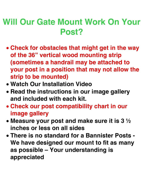 Text about No Hole Stairway Baby Gate Mounting Kit with post compatibility and installation instructions.