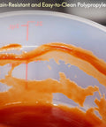 Close-up of 2 Quart Translucent Round Food Storage Containers With Lids Pack Of 4 Nonstick BPA Free NSF Listed Commercial Grade Polypropylene Freezer And Dishwasher Safe Easy Read Graduations Perfect For Quick Meal Prep And Leftovers, showing tomato sauce stains and graduations.