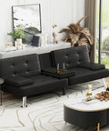 Black Ultra Comfy Leather Look Futon Sofa Bed With Removable Armrests And Adjustable Recliner Sleeper Sofa With Dual Cup Holders