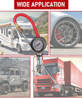 Tire Inflator With Pressure Gauge And 12 Inch Rubber Hose Straight On Air Chuck Quarter Inch NPT Inlet 10 To 160 PSI Range