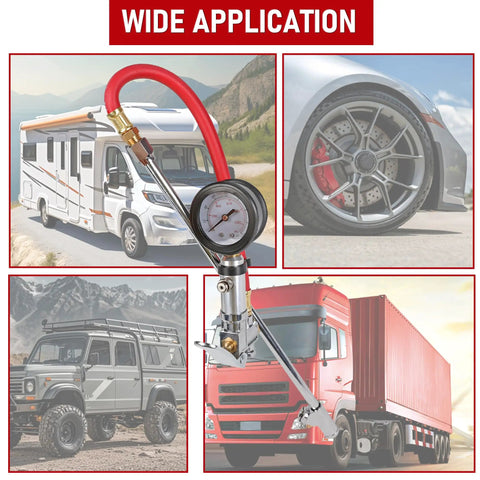 Tire Inflator With Pressure Gauge And 12 Inch Rubber Hose Straight On Air Chuck Quarter Inch NPT Inlet 10 To 160 PSI Range