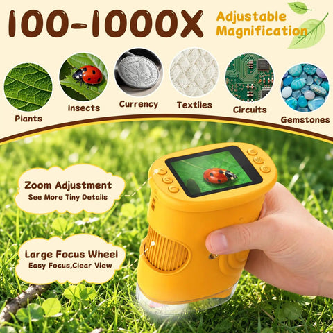 Kids Microscope 200 to 1000X With 2 Inch IPS Screen STEM Science Kit for Ages 3 12 Educational Dope Toy for Exploring Leaves Coins Insects and More Kid Friendly Bright Yellow handheld microscope in grass with screen and zoom controls