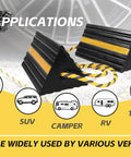 Heavy Duty 3 Sided Rubber Wheel Chock With Reflective Strips And 36 Inch Nylon Rope Grippy Non Slip Base in front of vehicle