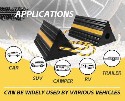 Heavy Duty 3 Sided Rubber Wheel Chock With Reflective Strips And 36 Inch Nylon Rope Grippy Non Slip Base in front of vehicle