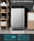 Lowkey Quiet Portable Washing Machine Full Automatic 2.0 Cubic Foot Compact Washer Grey showing front with sound comparison chart.