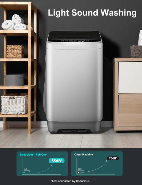 Lowkey Quiet Portable Washing Machine Full Automatic 2.0 Cubic Foot Compact Washer Grey showing front with sound comparison chart.