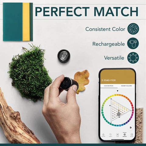 Hand using Bluetooth Color Reader For Designers, Instantly Scan And Match Colors, Then Share Swatches With A Portable Color Matching Tool.