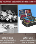 Comparison of messy documents and organized Fireproof Document Box With 5200F Heat Resistance, Aluminum Foil Fire Retardant Lining.