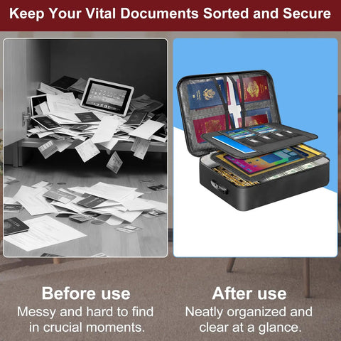 Comparison of messy documents and organized Fireproof Document Box With 5200F Heat Resistance, Aluminum Foil Fire Retardant Lining.