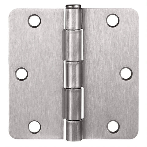 Heavy Duty Satin Nickel Interior Door Hinges 2 Pack Steel Construction With Slick Radius Corners For Hassle Free Residential Doors. Close-up view of a satin nickel door hinge.