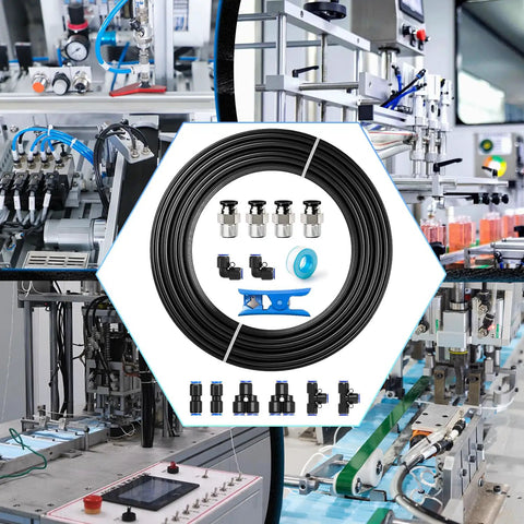 1/4 Inch Air Line Tubing Kit With 32.8 Feet PU Tube And 15 Push To Connect Fittings, Pro Grade Pneumatic Hose Set displayed in auto shop