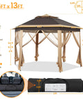 13x13 Pop Up Hexagonal Gazebo Canopy Shelter With Mesh Netting For Lawn Garden Backyard And Deck Instant Setup Patio Sun Shade Tent with a double-tier roof, shown with dimensions and features.