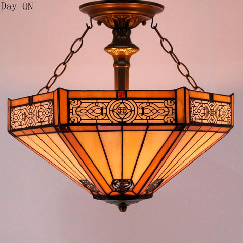 Tiffany Style Yellow Hexagon Stained Glass Ceiling Light Fixture That Pops, Mission Semi-Flush Mount Lamp, 16 Inch Wide