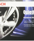 Bosch QuietCast Premium Disc Brake Pads packaging with wheel image and text promoting ceramic formula and low-dust performance.