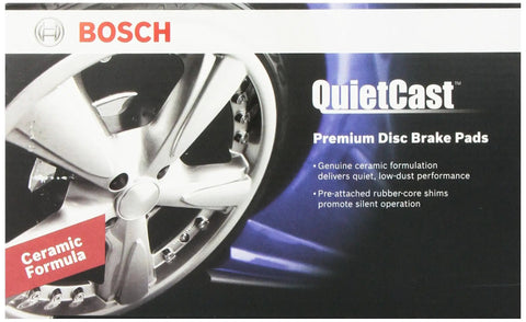 Bosch QuietCast Premium Disc Brake Pads packaging with wheel image and text promoting ceramic formula and low-dust performance.