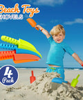 Child playing on the beach with 4 Pack Beach Shovels For Kids 8 Inch Heavy Duty Plastic Sand Shovels in assorted colors