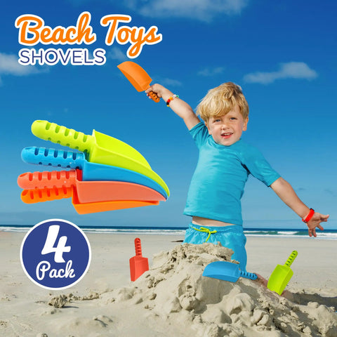 Child playing on the beach with 4 Pack Beach Shovels For Kids 8 Inch Heavy Duty Plastic Sand Shovels in assorted colors