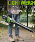 Person holding lightweight 80V Cordless Axial Leaf Blower With 150 MPH Air, 500 CFM, 2.0Ah Battery And Charger Included