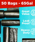 65 Gallon Heavy Duty Trash Bags 50x60 Inches Extra Large Black Contractor Liners for Custodians, Landscapers, Pros, Outdoor Toter Can Liners, Industrial Grade Made in USA 50 Pack with leak proof icons
