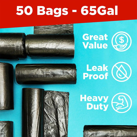 65 Gallon Heavy Duty Trash Bags 50x60 Inches Extra Large Black Contractor Liners for Custodians, Landscapers, Pros, Outdoor Toter Can Liners, Industrial Grade Made in USA 50 Pack with leak proof icons