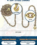 Four 20-Foot Chain And Ratchet Binder Kit For Truck And Trailer Cargo Tie-Downs Includes Four Heavy Chains And Four Adjustable Ratchet Binders In 1/4 To 1/2 Inch Range Built To Strap Down And Secure Loads Like A Pro On The Go. 20 ft G70 steel chain, 8 mm