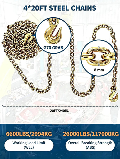 Four 20-Foot Chain And Ratchet Binder Kit For Truck And Trailer Cargo Tie-Downs Includes Four Heavy Chains And Four Adjustable Ratchet Binders In 1/4 To 1/2 Inch Range Built To Strap Down And Secure Loads Like A Pro On The Go. 20 ft G70 steel chain, 8 mm