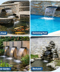 All-In-One Pond Waterfall Kit With LED Light, 18-Inch Stainless Steel Spillway, 800 GPH Pump in garden, pool, backyard settings.