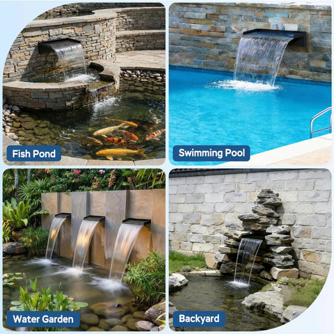 All-In-One Pond Waterfall Kit With LED Light, 18-Inch Stainless Steel Spillway, 800 GPH Pump in garden, pool, backyard settings.