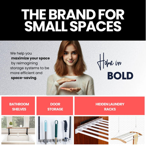 Collage of space-saving storage solutions including bathroom shelves, door storage, and hidden laundry racks.