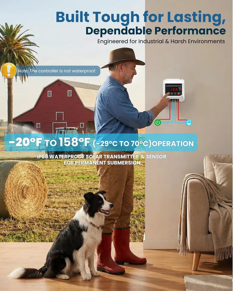 Man using Wireless Water Level Controller with Long Range 9842ft Auto Pump Control System, LCD display in a barn setting with a dog.