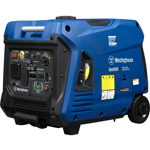 Blue 5000 Peak Watt Super Quiet Portable Inverter Generator With Remote Start And Auto Choke, shown with control panel