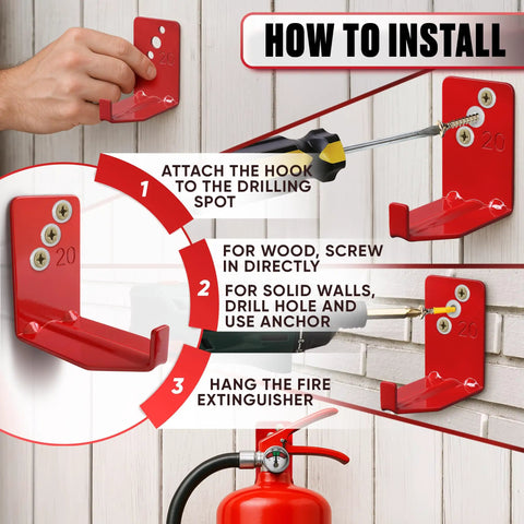 Heavy Duty Fire Extinguisher Mount Brackets Set Of 4 With Wall Hooks And Quick Install Holders Includes Screws Anchors And Gaskets Holds Up To 20 Lb For Garage Workshop And Home Cabinets