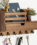 Wall Mount Key And Mail Organizer With Six Hooks And A Storage Drawer Wooden Key Rack With Shelf For Entryway And Home Decor Easy To Install With Screws Or Adhesives No Drill Option