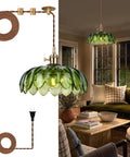 Kick Up Any Room Vintage Green Flower Glass Pendant Light With Long Plug In Cord For Kitchen Island And Bedroom Swinging Gold Tone Ceiling Lamp Fixture Adding Sweet Retro Vibes As A True Living Room Showpiece hanging over a cozy living room with brown cord and warm light.