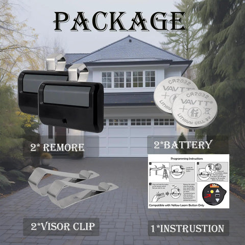 Universal Learn Button Garage Door Opener Remote package with two remotes, two batteries, two visor clips, and instructions.