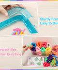 Easy Potholder Loom Craft Kit For Kids And Beginners with sturdy blue frame and box of colorful rainbow loops, guide included.