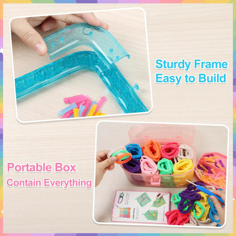 Easy Potholder Loom Craft Kit For Kids And Beginners with sturdy blue frame and box of colorful rainbow loops, guide included.