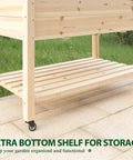 Side view of raised garden bed with legs on four wheels and brakes, with shelf, 48 by 24 by 33 inches outdoor planter box