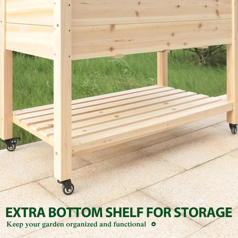 Side view of raised garden bed with legs on four wheels and brakes, with shelf, 48 by 24 by 33 inches outdoor planter box