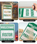 Two Pack Welcome Visitor Parking Sign 18 By 12 Inches Reflective Aluminum Weatherproof Built Tough Safety Sign With Pre Drilled Holes for home office yard driveway parking showing UV protection, scratch-resistance, waterproof, and dustproof features.
