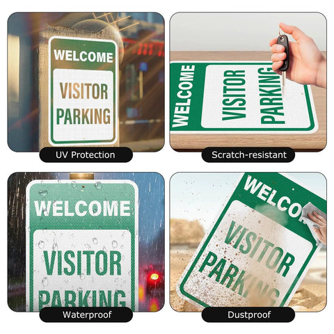 Two Pack Welcome Visitor Parking Sign 18 By 12 Inches Reflective Aluminum Weatherproof Built Tough Safety Sign With Pre Drilled Holes for home office yard driveway parking showing UV protection, scratch-resistance, waterproof, and dustproof features.