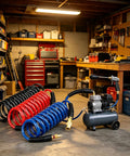 Top Shelf Recoil Air Compressor Hose Featuring Heavy Duty Pu Spring Design For Snappy Self Retracting Action in a garage setting.