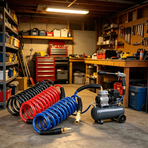 Top Shelf Recoil Air Compressor Hose Featuring Heavy Duty Pu Spring Design For Snappy Self Retracting Action in a garage setting.