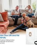 Family relaxing in living room with Ultimate Pro Grade Vacuum Bags And Belts Replacement Set For G3 Through G12 Style F shown on side.