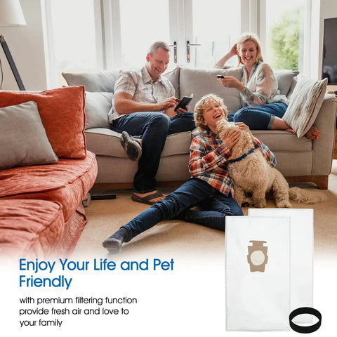 Family relaxing in living room with Ultimate Pro Grade Vacuum Bags And Belts Replacement Set For G3 Through G12 Style F shown on side.