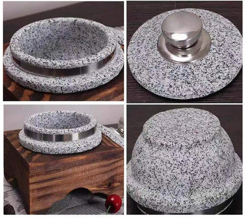 Heavy Duty Granite Clay Pot With Wood Base For Korean Dolsot Bibimbap And Donabe Style Dishes, top and side views