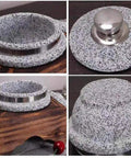 Korean Stone Pot For Bibimbap And Stews on wooden base, showing lid and design, Durable Ceramic Stone Bowl for flavorful cooking.